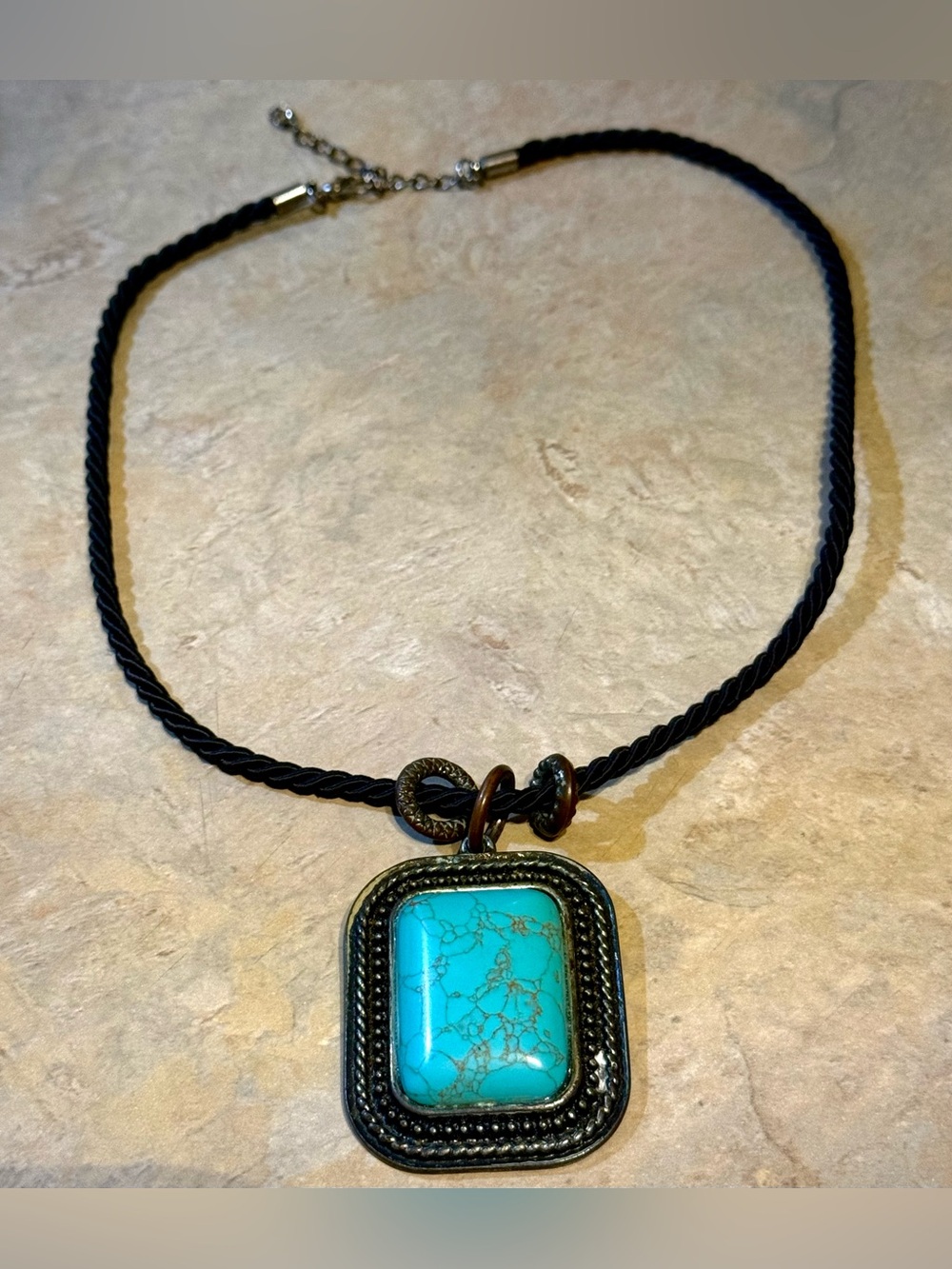 Turquoise Stone Pendant Necklace on Black Cord